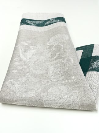 Our Coffee themed tea towel is a beautiful damask woven kitchen towel. Dark green borders frame the coffee design and contrasts nicely with the natural background.