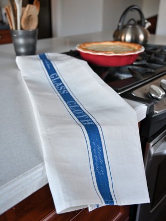 Damask Text and Stripe Blue and White Linen Tea Towel