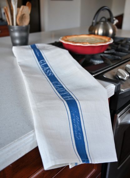 Damask Text and Stripe Blue and White Linen Tea Towel