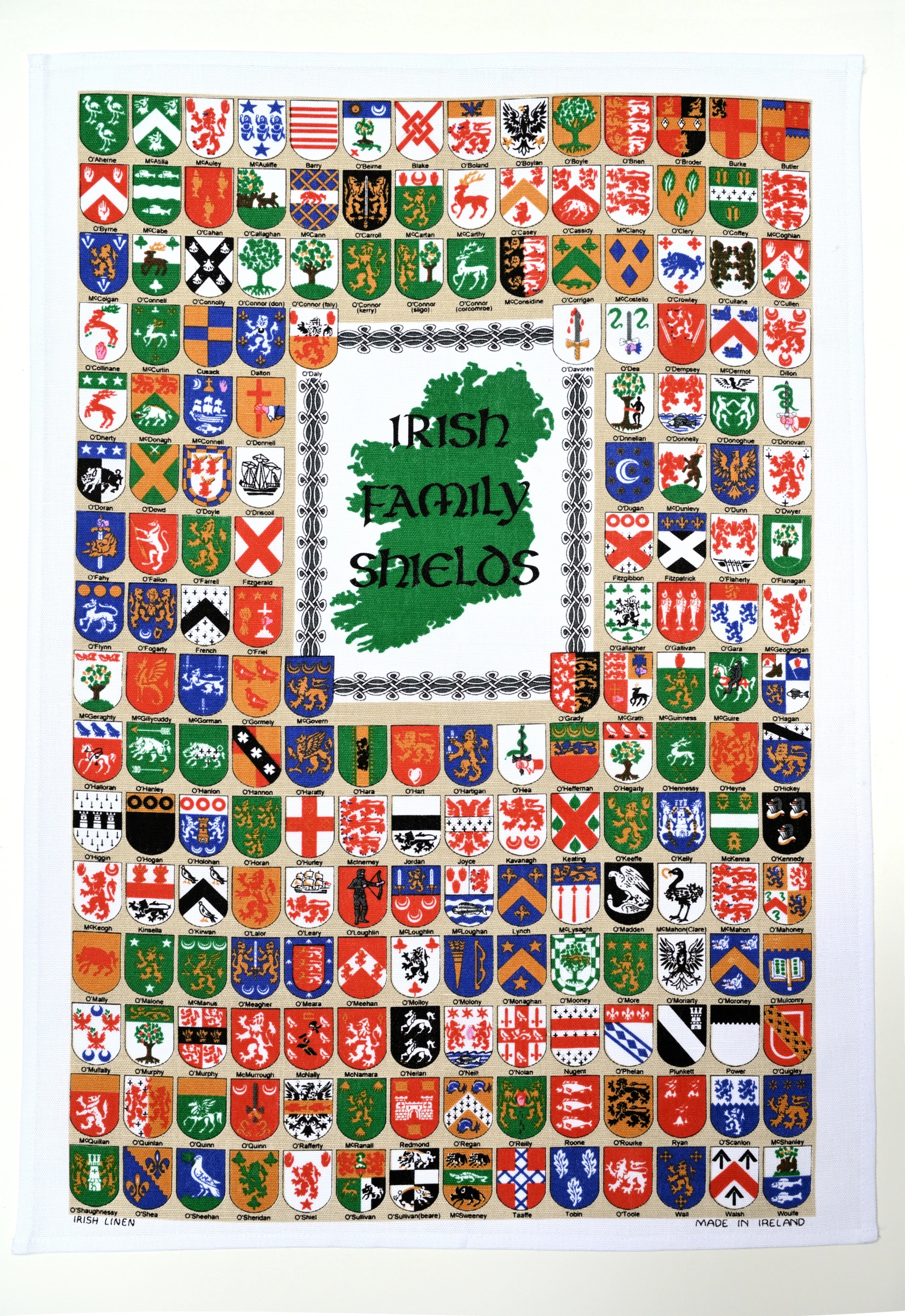 Irish Family Shields Tea Towel has all the family shields with coordinating surnames below.