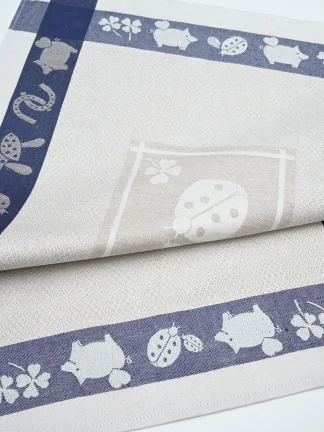 Blue and Natural flax color tea towel with ladybug design.
