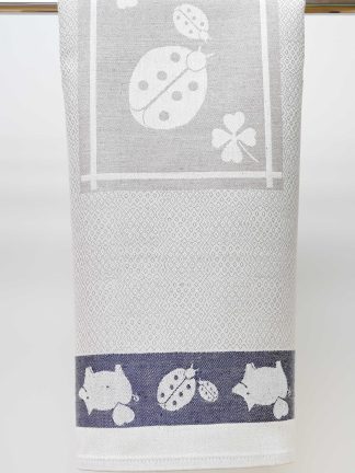 Ladybug Blue and Natural Linen and Cotton Tea Towel - 18" x 28"