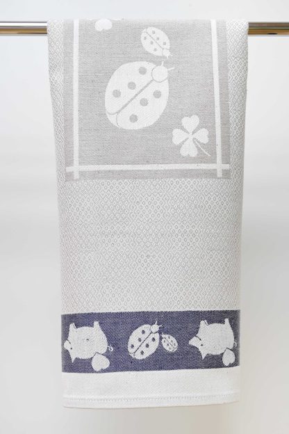 Ladybug Blue and Natural Linen and Cotton Tea Towel - 18" x 28"