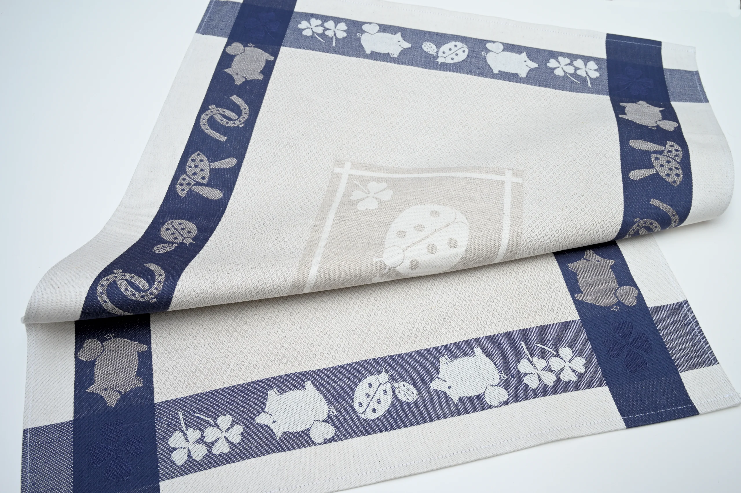 Blue and Natural flax color tea towel with ladybug design.