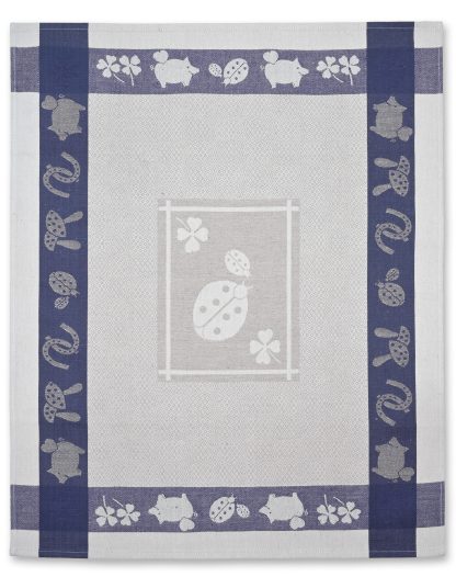 Ladybug Blue and Natural Linen and Cotton Tea Towel - 18" x 28"