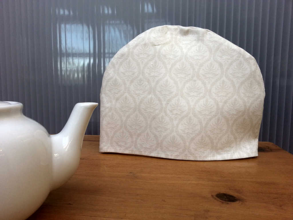 Fleur de lis Grey and White Linen Tea Cozy - 10" x 13"