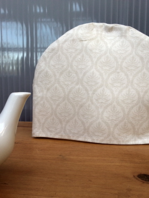 Fleur de lis Grey and White Linen Tea Cozy - 10" x 13"