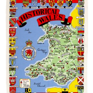 Welsh tea towel with historical Wales map and shield