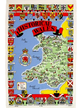 Welsh tea towel with historical Wales map and shield