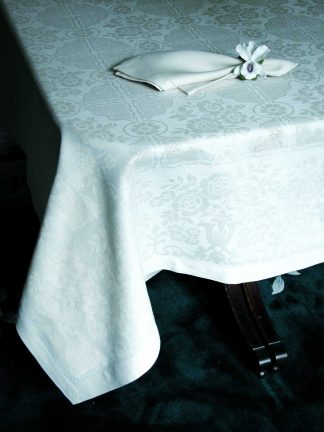 Damask Posy Etamine Hemstitch Sky Blue Linen Tablecloth