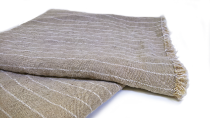 Fringe Linen Throw Blanket in Natural and Oyster Stripe