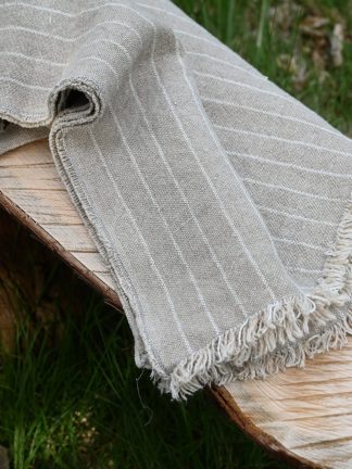 FRINGE HEM OYSTER BANDED NATURAL LINEN THROW BLANKET