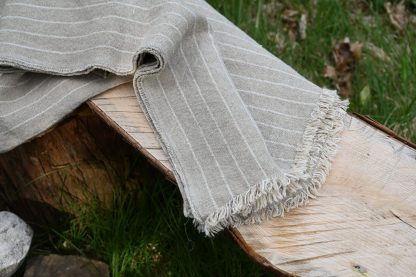 FRINGE HEM OYSTER BANDED NATURAL LINEN THROW BLANKET