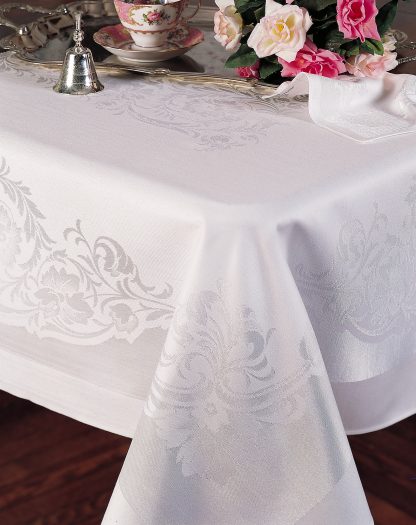 Damask Floral Scroll White Linen Oval Tablecloth