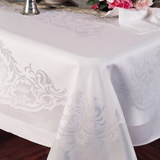 Damask Floral Scroll White Linen Tablecloth