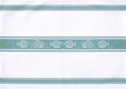 Fish Frenzy Aqua and White Cotton Hand Towel - 20" x 30"